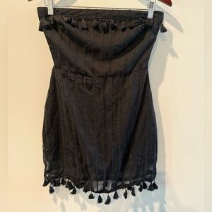 Vestique Black Strapless Dress with Tassels